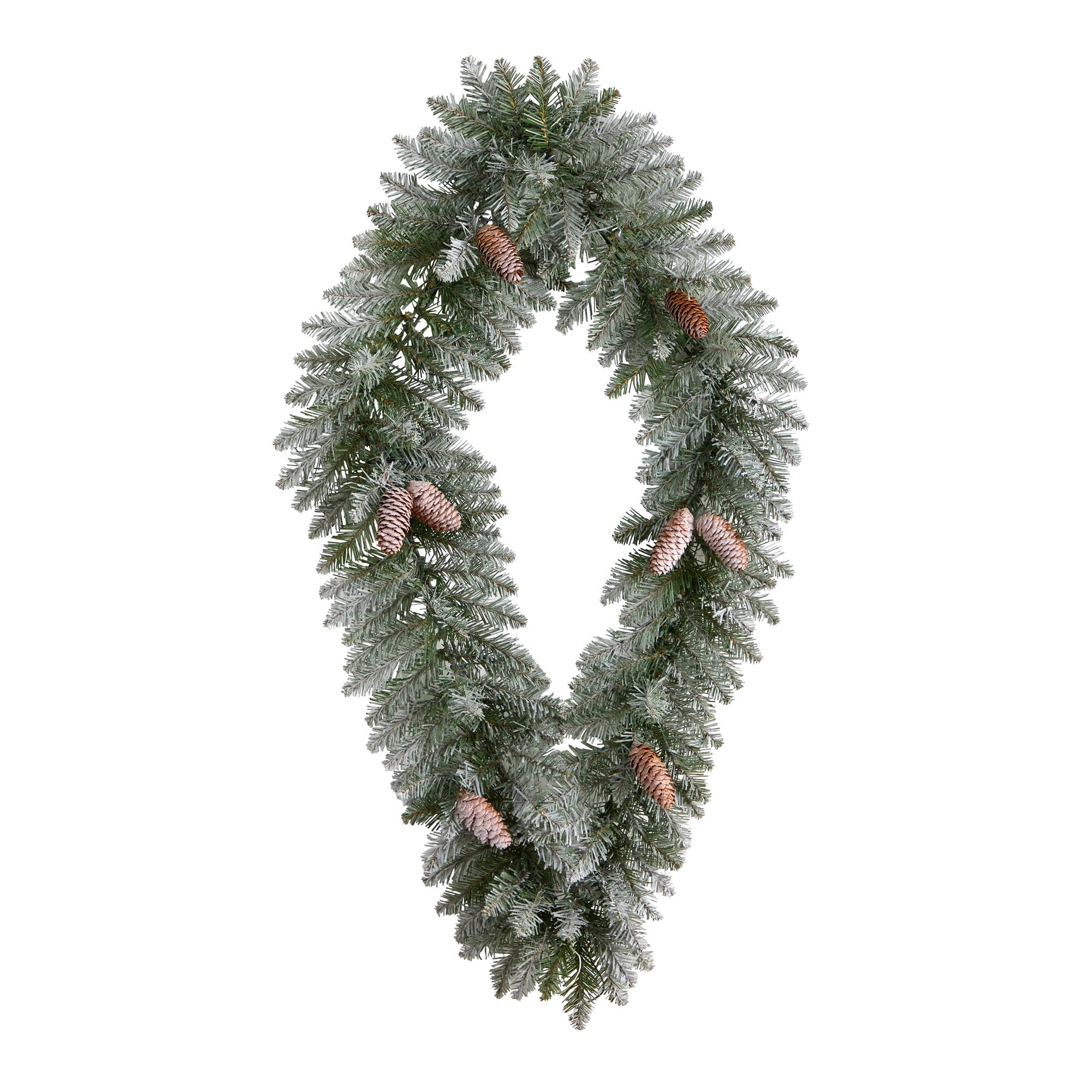 3ft. White LED Lights Geometric Diamond Christmas Frosted Wreath With Pinecones